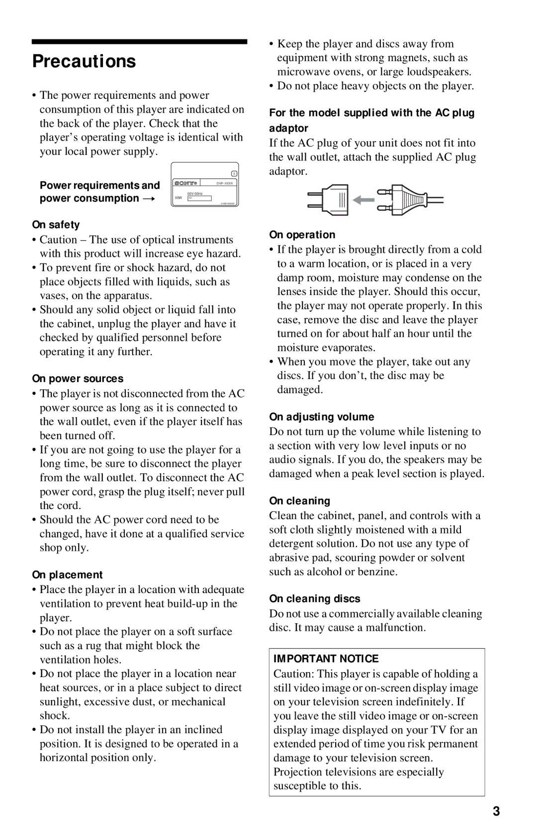 Sony DVP-NC615 operating instructions Precautions 