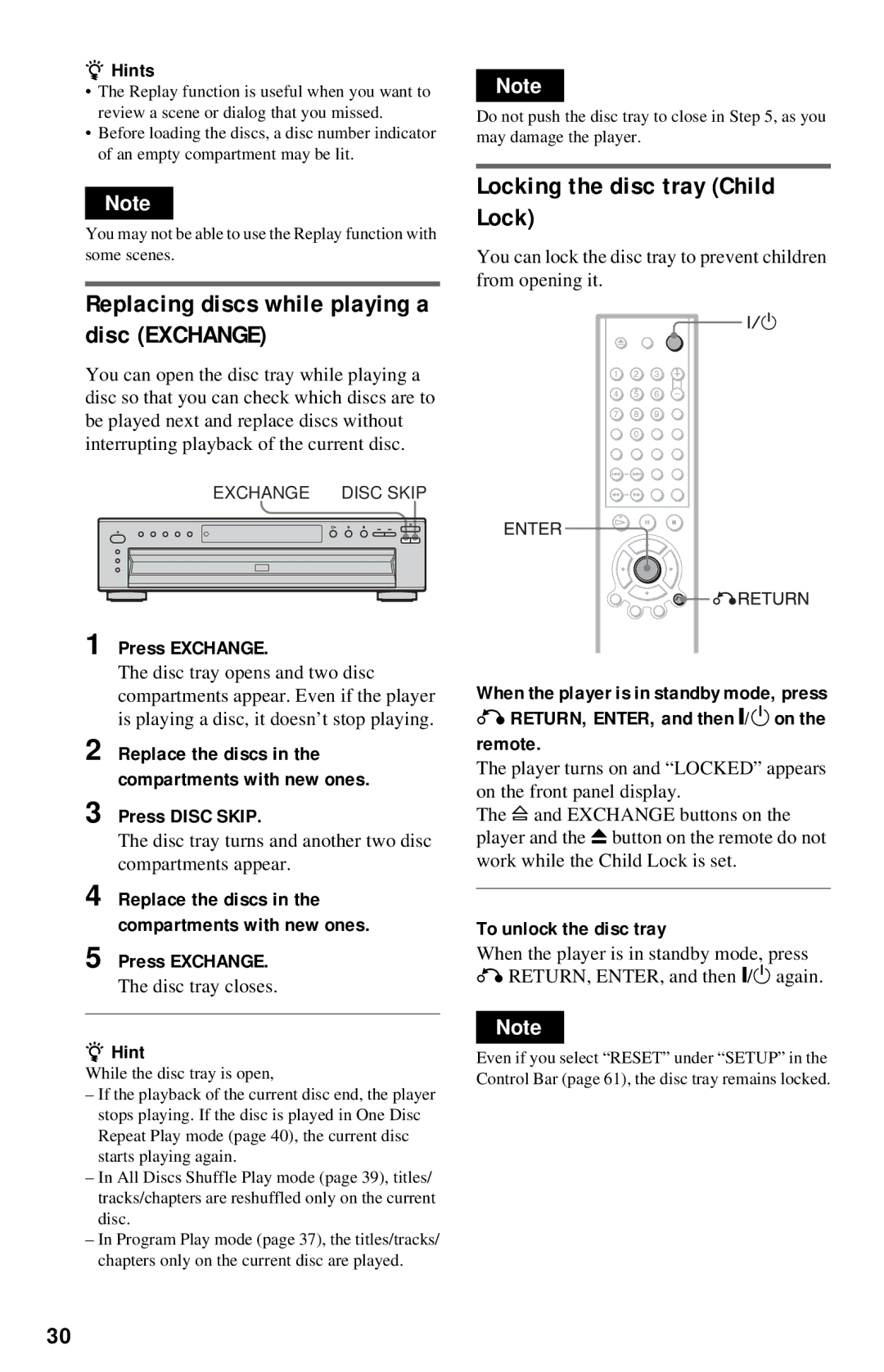 Sony DVP-NC615 operating instructions Replacing discs while playing a disc Exchange, Locking the disc tray Child Lock 