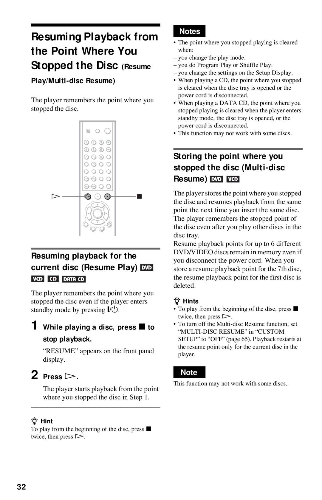 Sony DVP-NC615 operating instructions Play/Multi-disc Resume, Resuming playback for the current disc Resume Play 