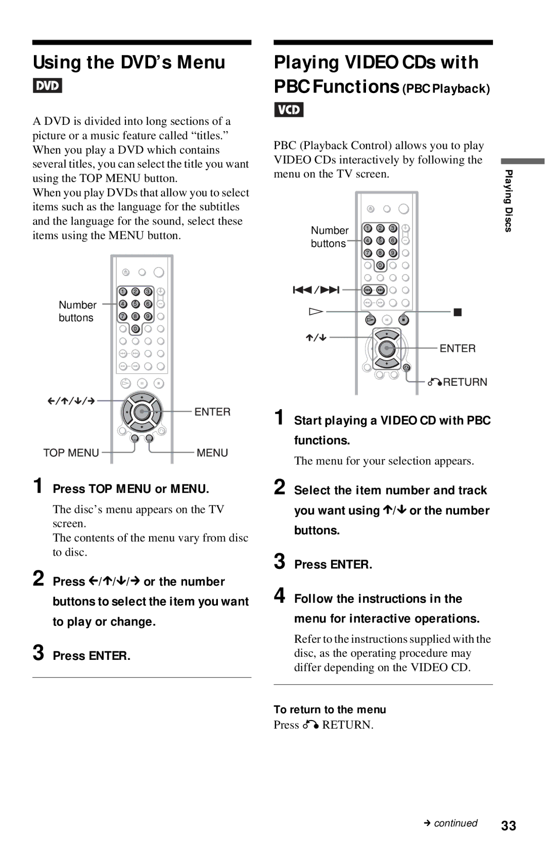 Sony DVP-NC615 Using the DVD’s Menu, Playing Video CDs with PBC Functions PBC Playback, Press TOP Menu or Menu 