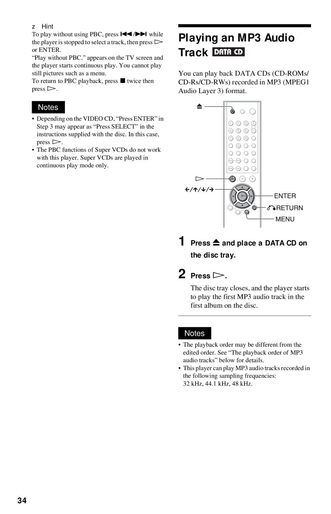 Sony DVP-NC615 operating instructions Playing an MP3 Audio Track, Press Z and place a Data CD on the disc tray Press H 