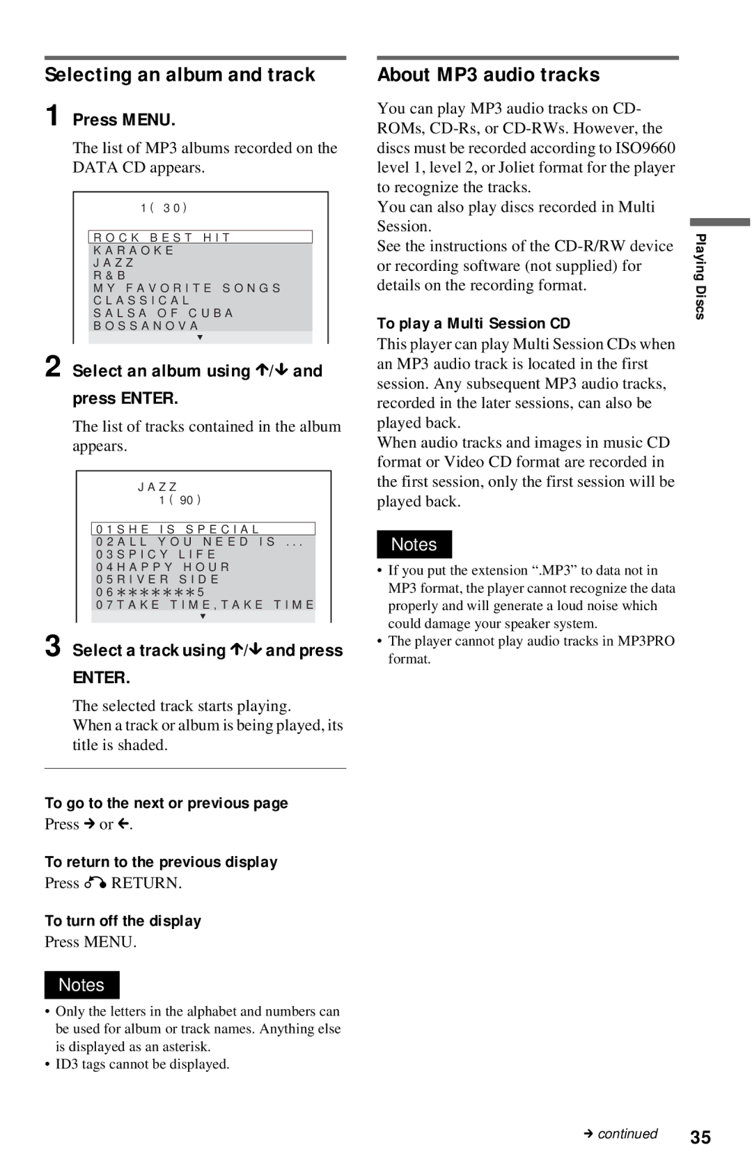 Sony DVP-NC615 Selecting an album and track, About MP3 audio tracks, Press Menu, Select an album using X/x and press Enter 