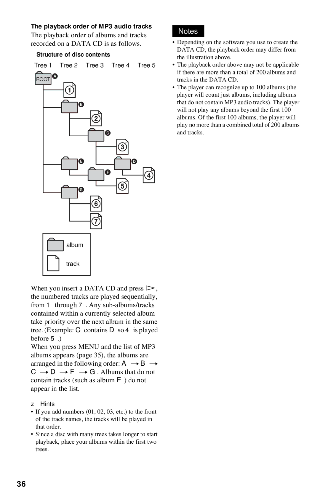 Sony DVP-NC615 operating instructions Playback order of MP3 audio tracks, Structure of disc contents 