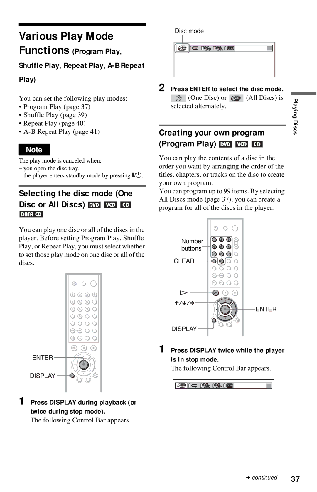 Sony DVP-NC615 Various Play Mode, Functions Program Play, Selecting the disc mode One Disc or All Discs 