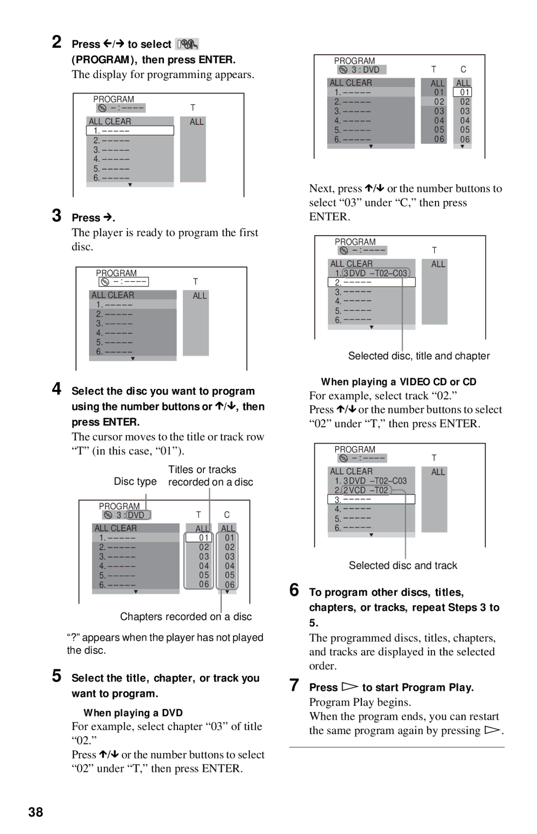 Sony DVP-NC615 Press c, Select the title, chapter, or track you want to program, Press H to start Program Play 