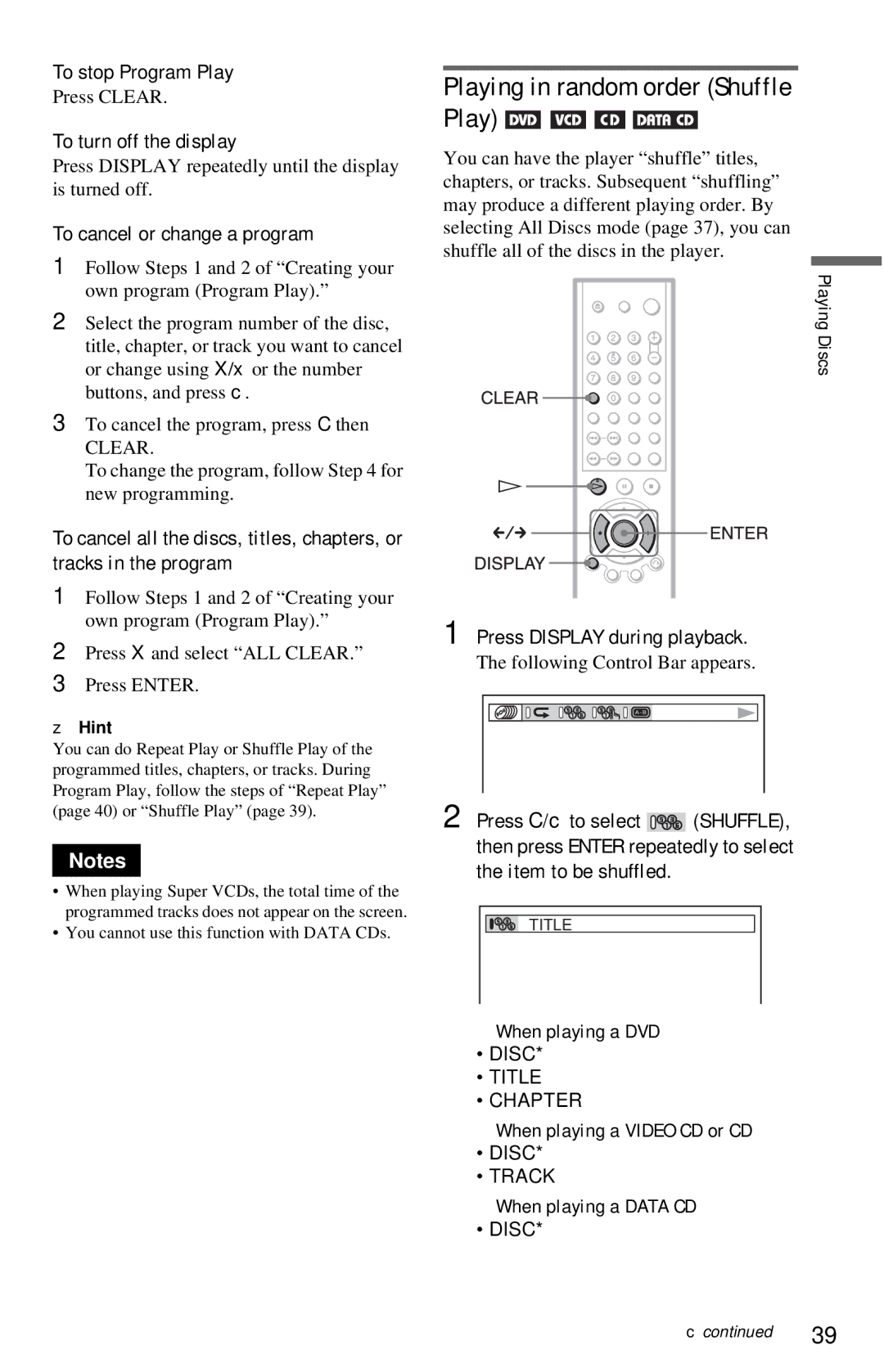 Sony DVP-NC615 Playing in random order Shuffle Play, To stop Program Play, To cancel or change a program 