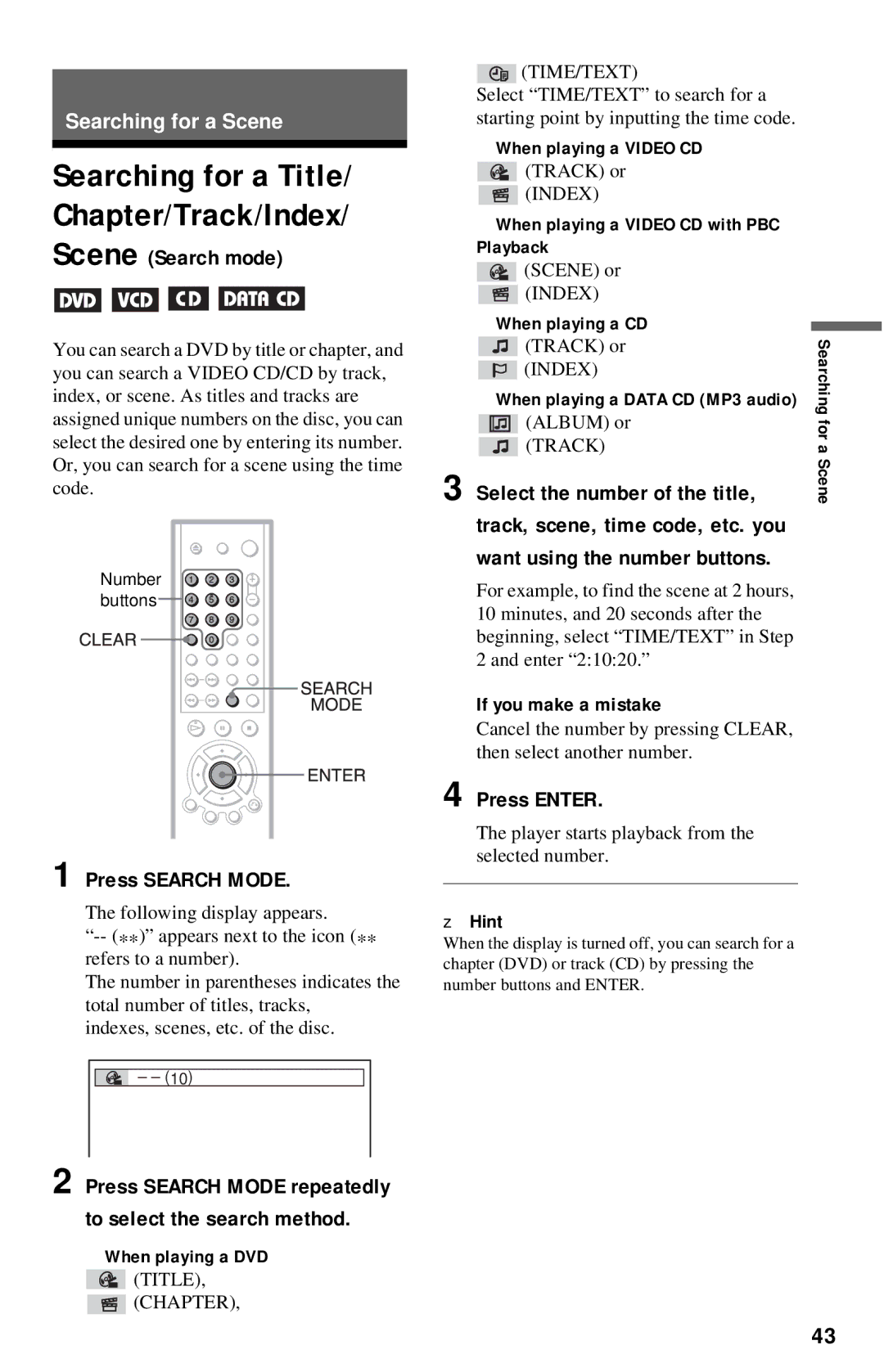 Sony DVP-NC615 Scene Search mode, Press Search Mode, Select the number of the title, If you make a mistake 