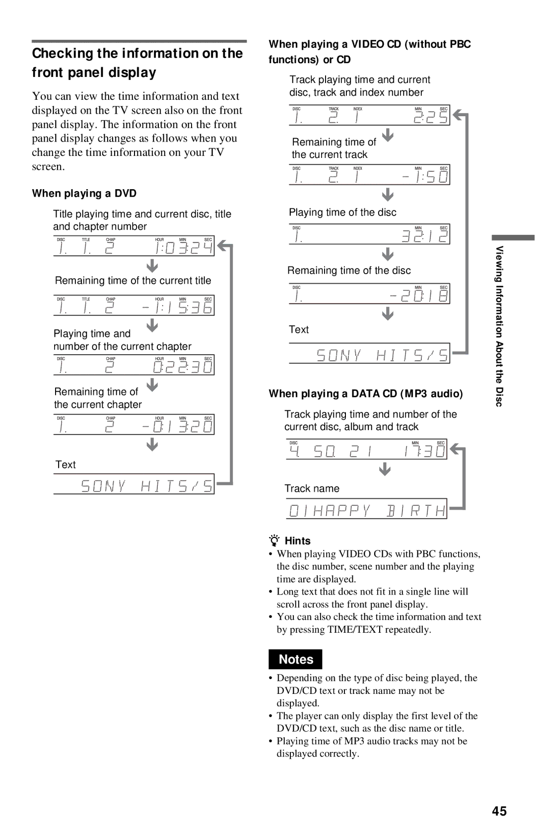 Sony DVP-NC615 Checking the information on the front panel display, When playing a DVD, When playing a Data CD MP3 audio 