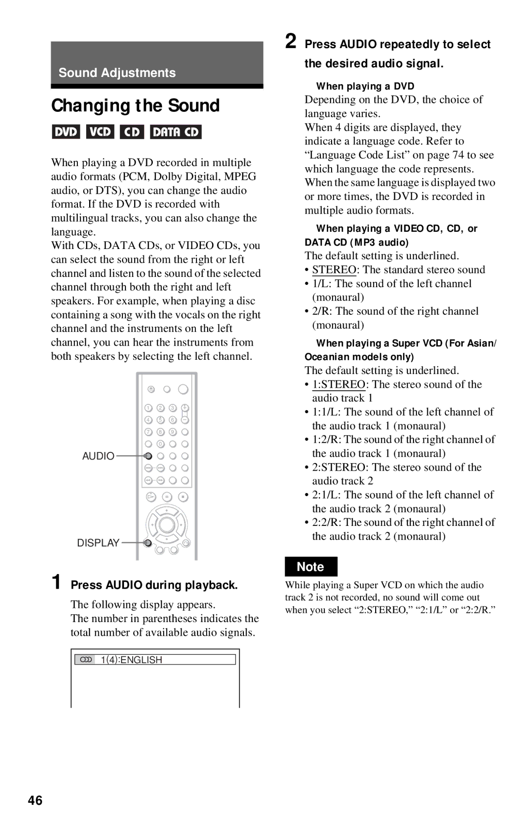 Sony DVP-NC615 Changing the Sound, Press Audio during playback, Press Audio repeatedly to select the desired audio signal 