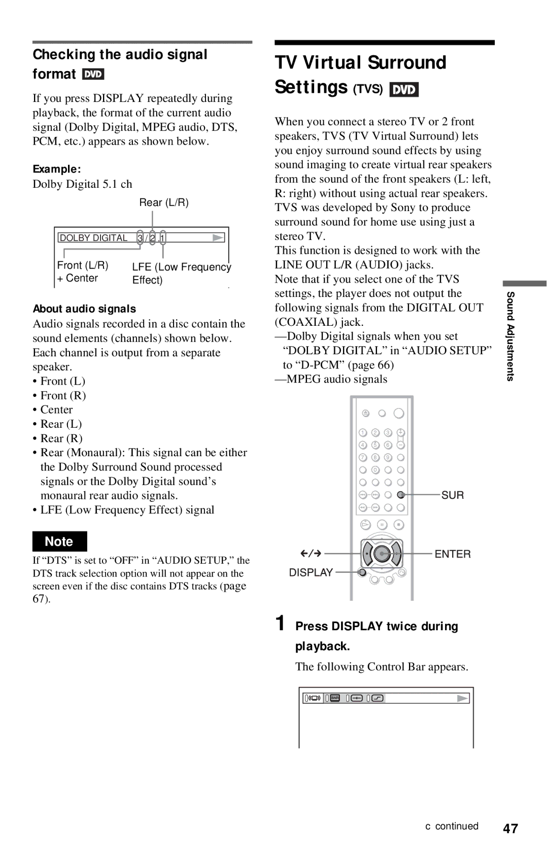 Sony DVP-NC615 TV Virtual Surround, Checking the audio signal format, Press Display twice during playback, Example 