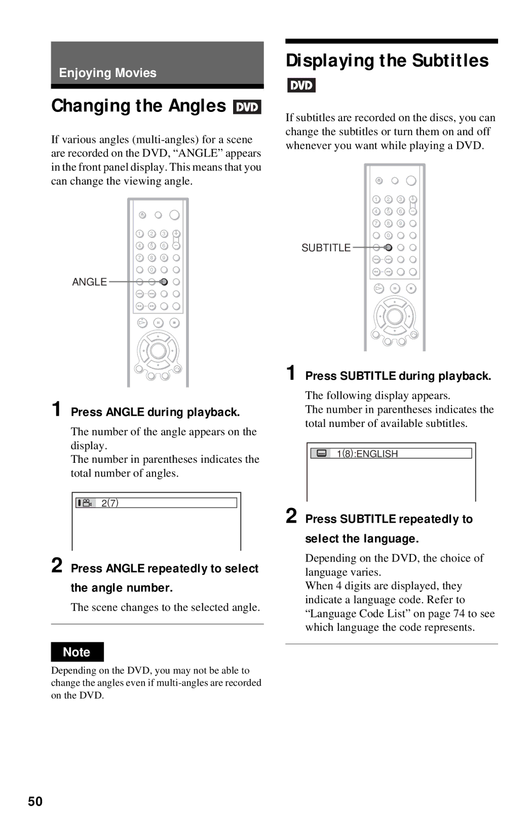 Sony DVP-NC615 Displaying the Subtitles, Press Angle during playback, Press Angle repeatedly to select the angle number 