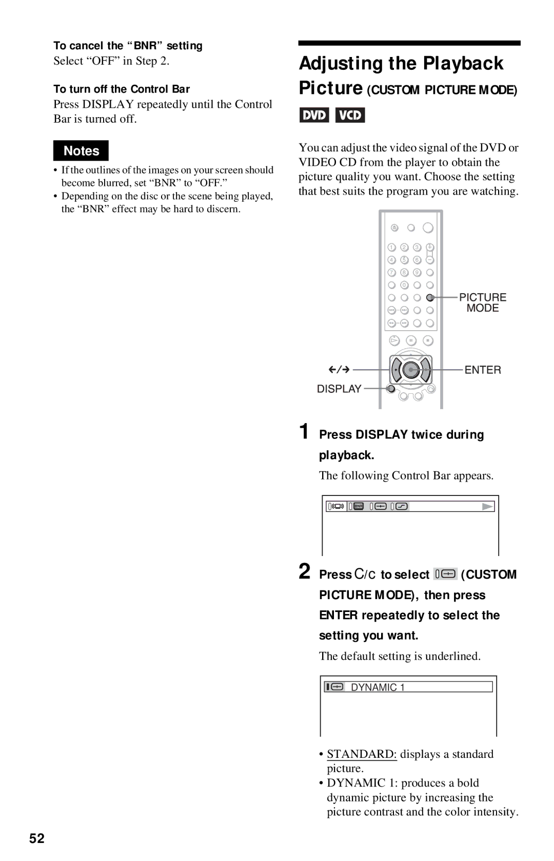 Sony DVP-NC615 Adjusting the Playback, Press C/c to select Custom, To cancel the BNR setting, Picture Custom Picture Mode 