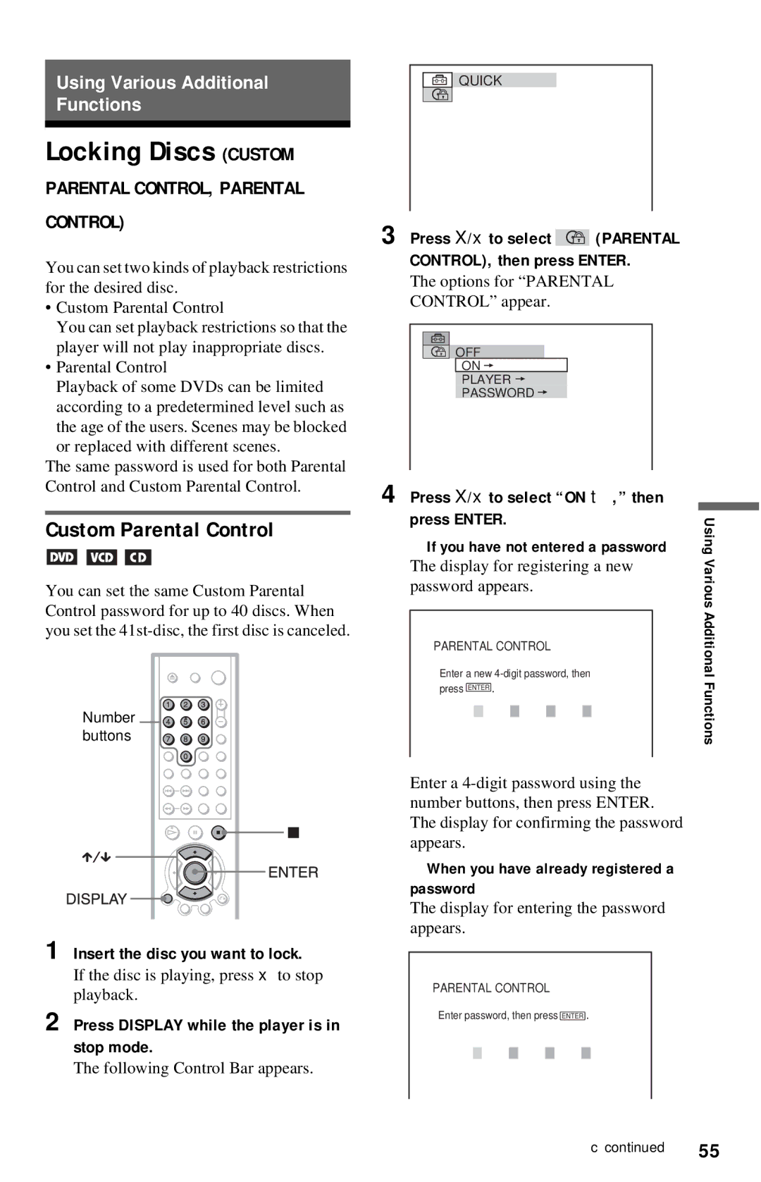 Sony DVP-NC615 operating instructions Locking Discs Custom, Custom Parental Control 