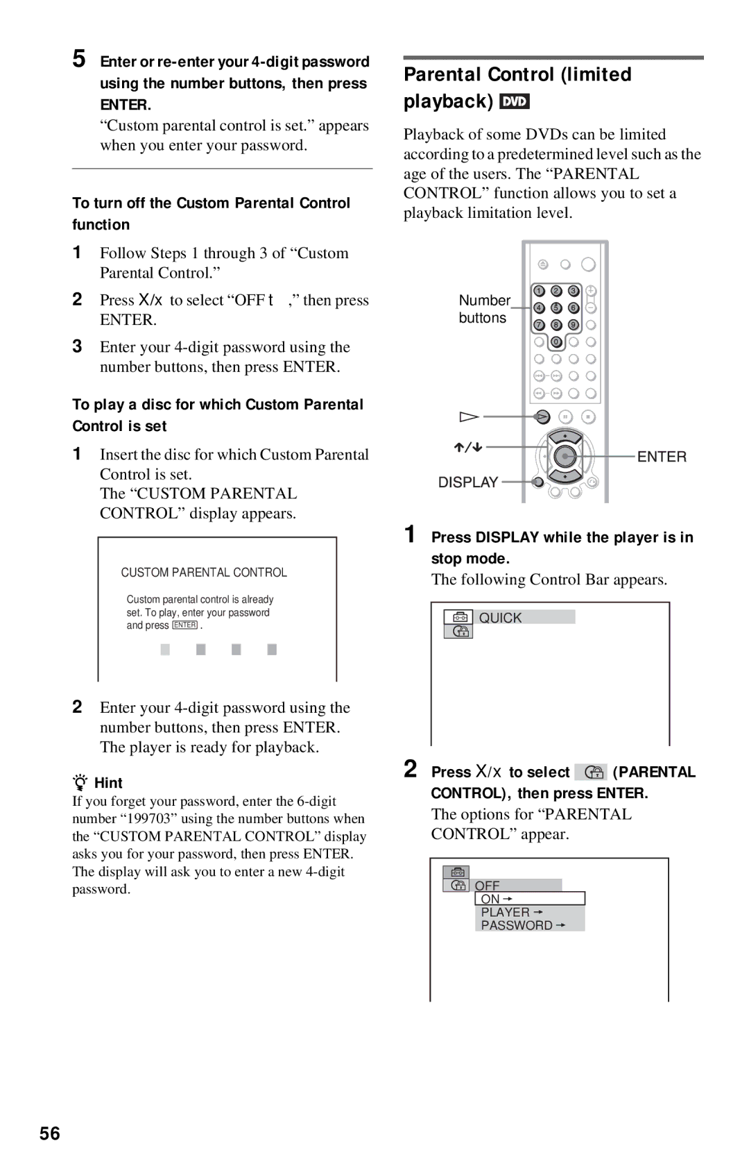 Sony DVP-NC615 operating instructions Parental Control limited playback, To turn off the Custom Parental Control function 