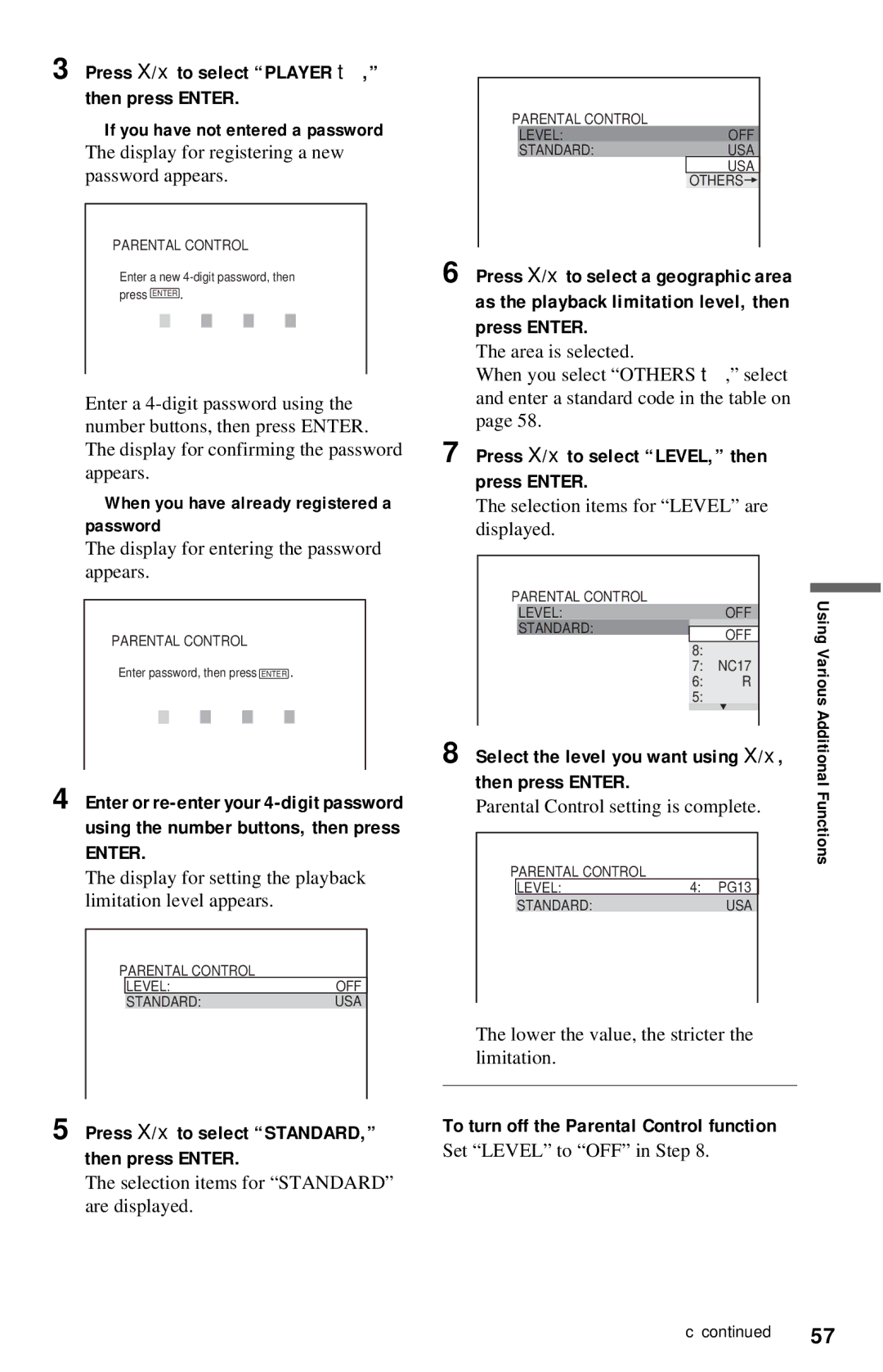 Sony DVP-NC615 Press X/x to select Player t, then press Enter, Press X/x to select LEVEL, then press Enter 