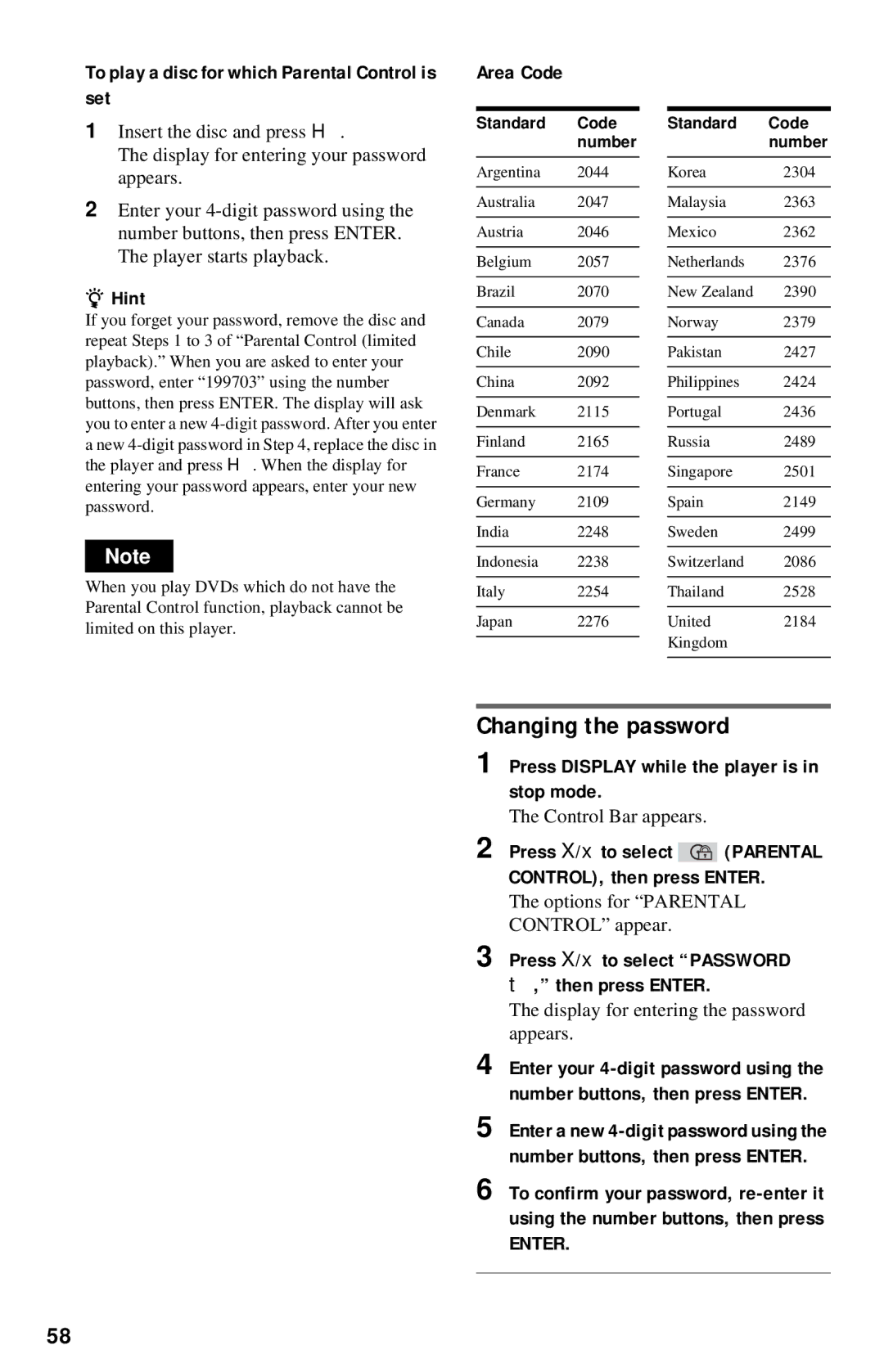 Sony DVP-NC615 Changing the password, To play a disc for which Parental Control is set, Area Code, Control Bar appears 