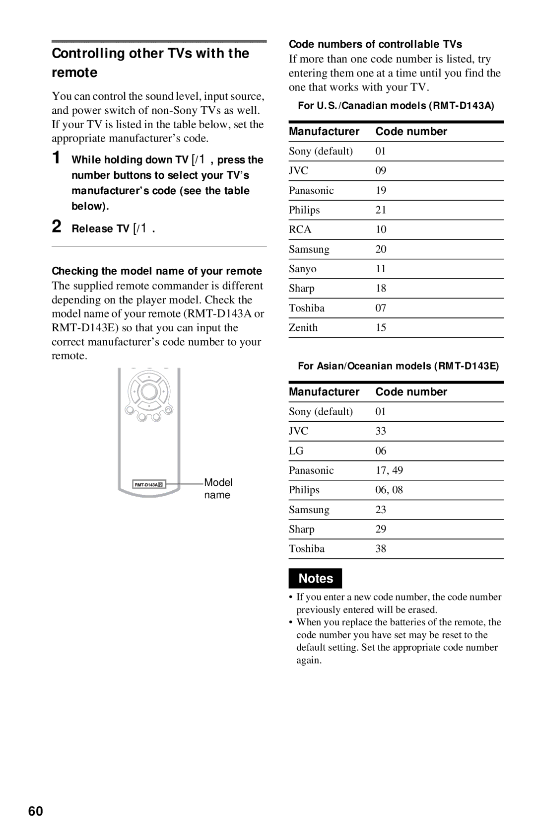 Sony DVP-NC615 operating instructions Controlling other TVs with the remote, Code numbers of controllable TVs 