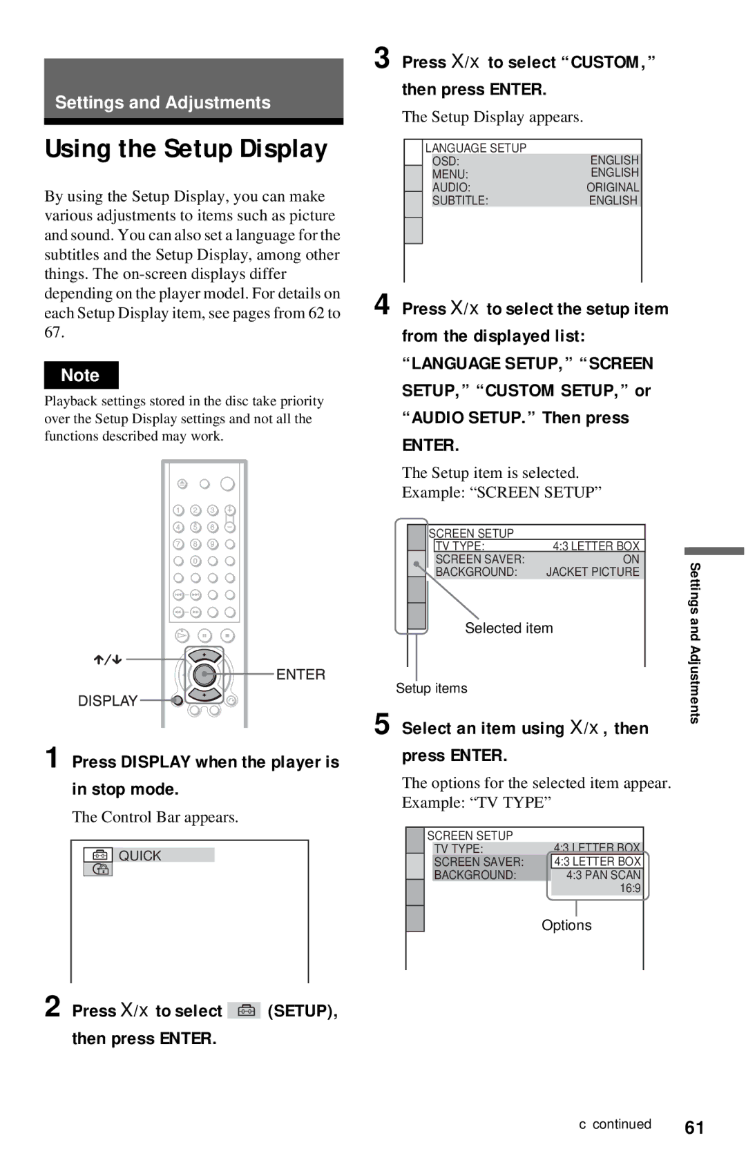 Sony DVP-NC615 operating instructions Using the Setup Display, Press Display when the player is in stop mode 