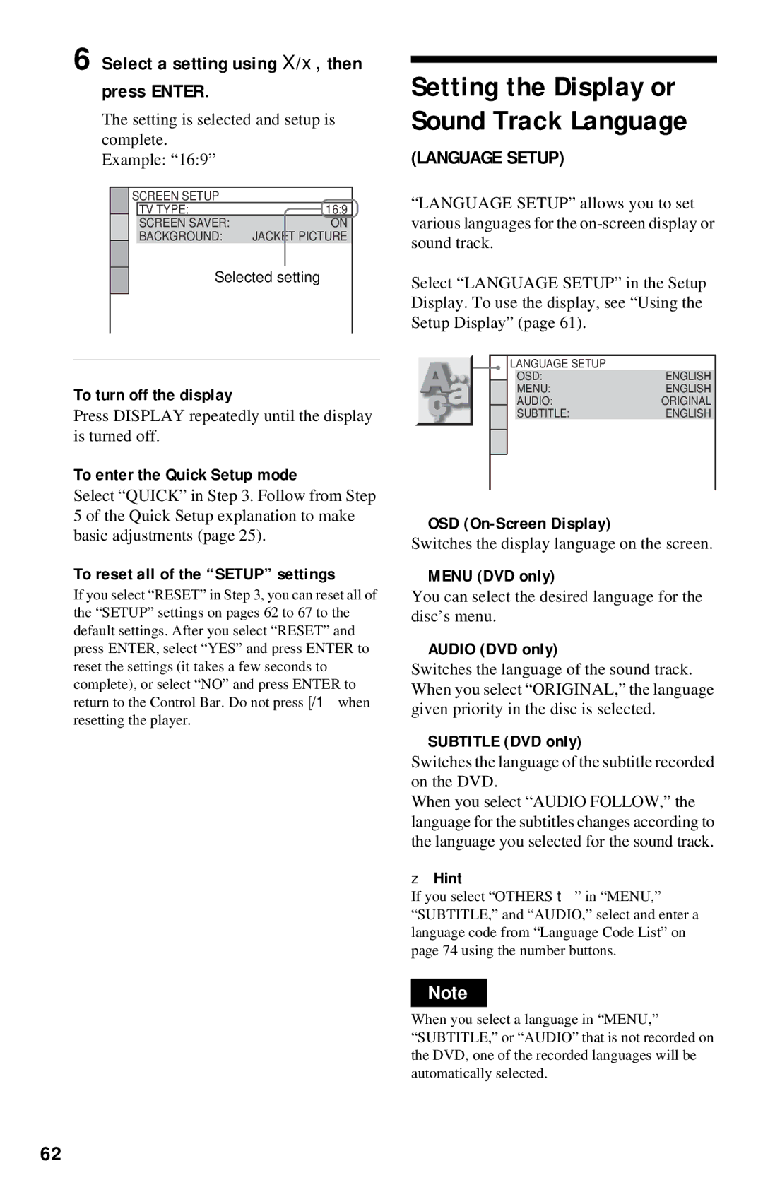 Sony DVP-NC615 operating instructions Select a setting using X/x, then press Enter 