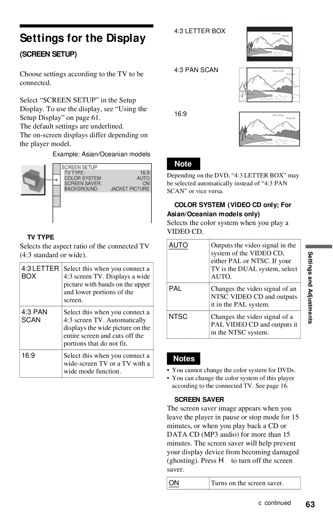 Sony DVP-NC615 operating instructions Settings for the Display, Color System Video CD only For Asian/Oceanian models only 