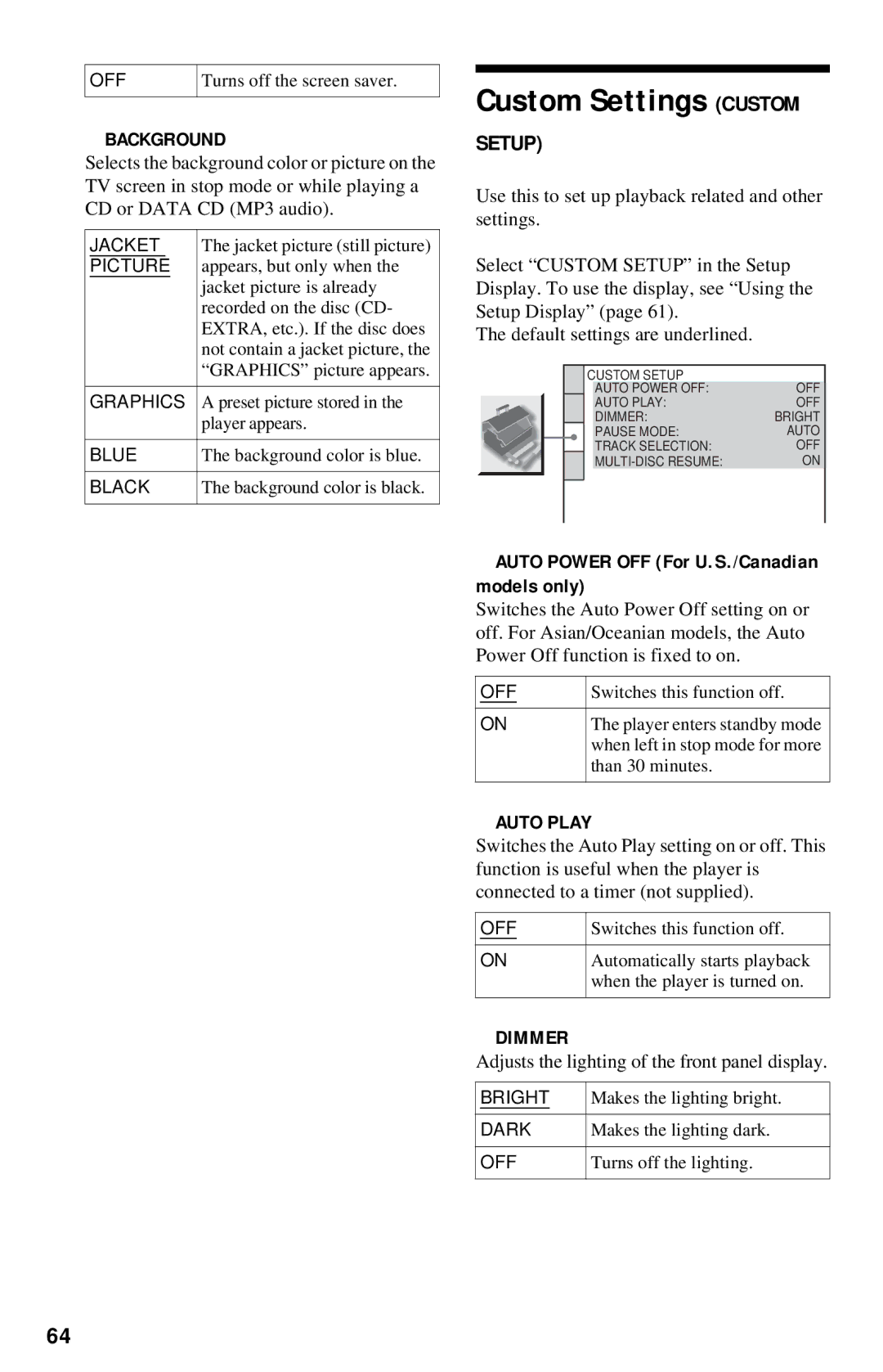 Sony DVP-NC615 operating instructions Custom Settings Custom, Auto Power OFF For U.S./Canadian models only 