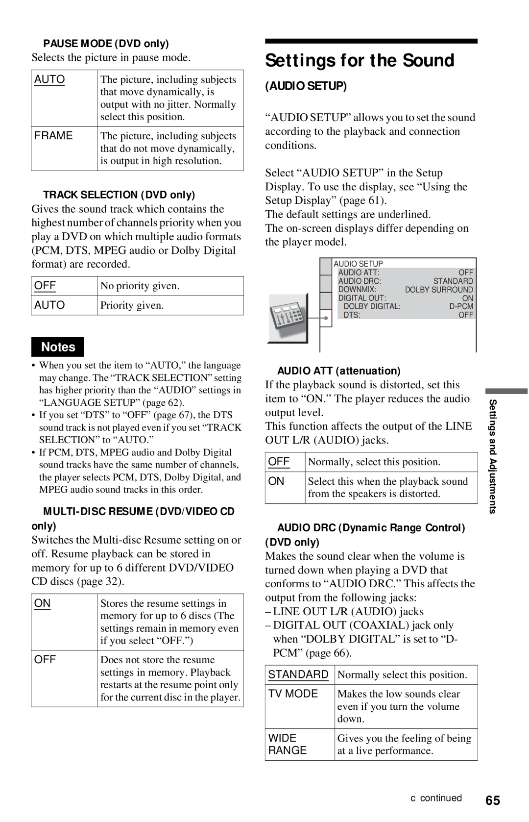 Sony DVP-NC615 operating instructions Settings for the Sound 