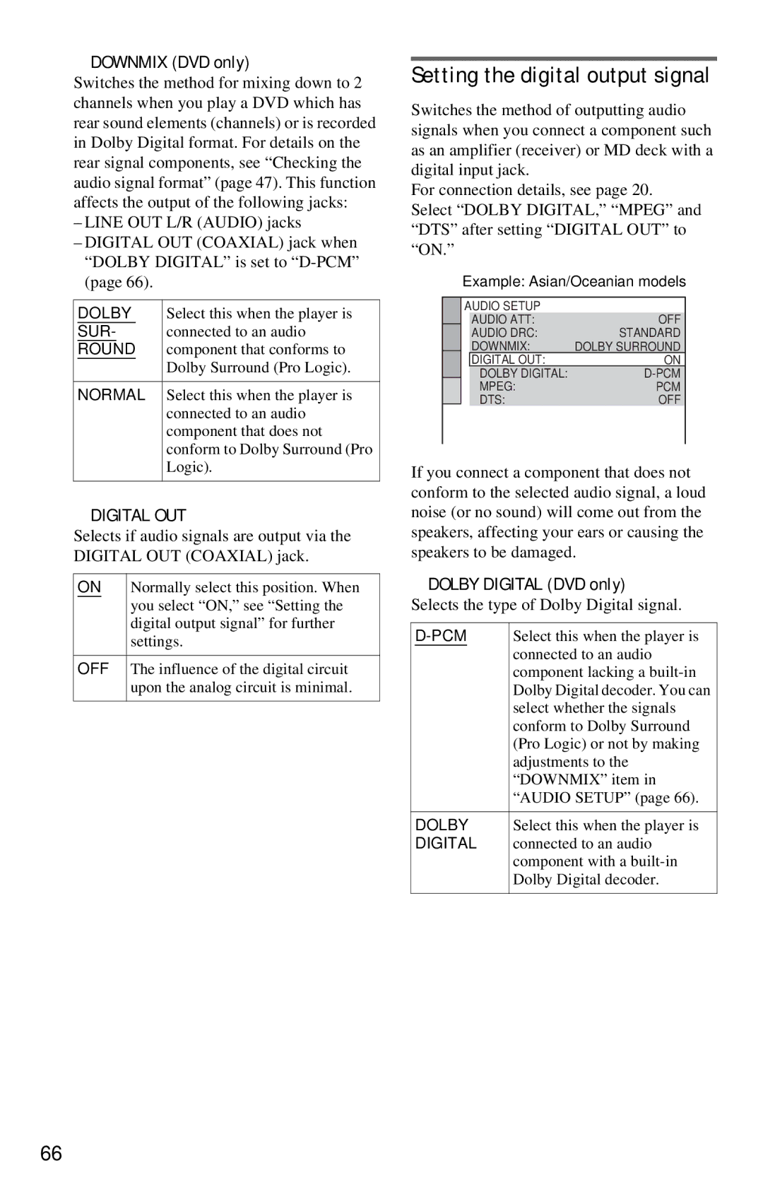 Sony DVP-NC615 operating instructions Setting the digital output signal, Downmix DVD only, Dolby Digital DVD only 