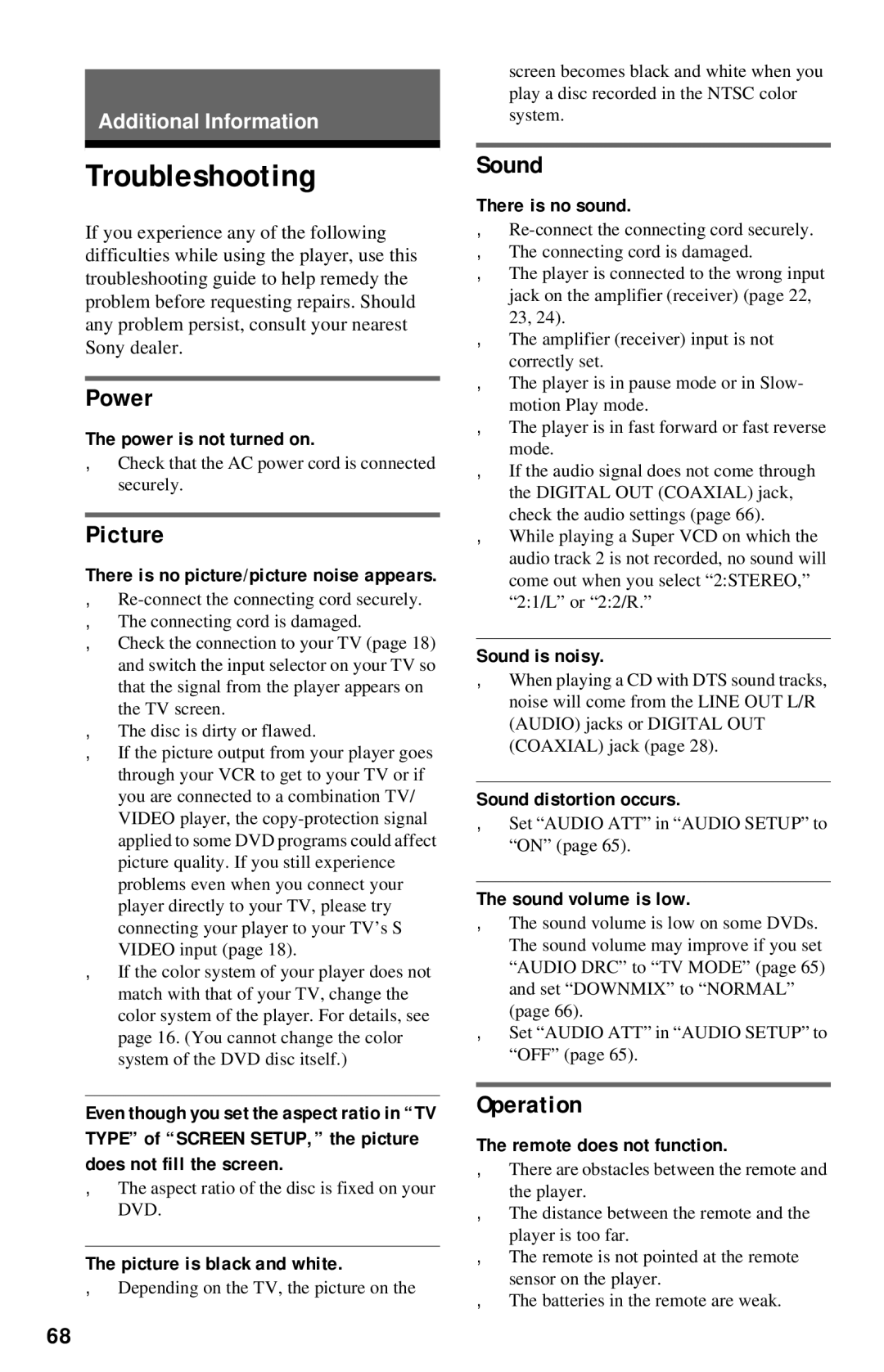 Sony DVP-NC615 operating instructions Troubleshooting, Power, Picture, Sound, Operation 