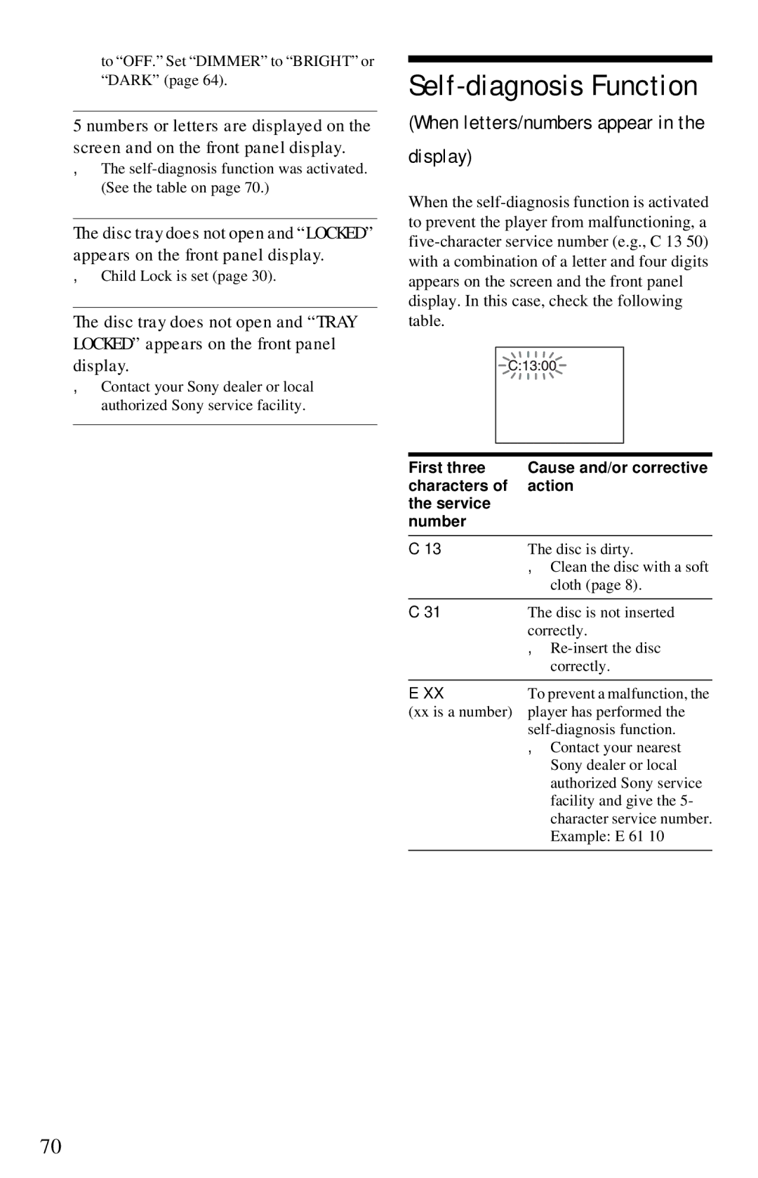 Sony DVP-NC615 Self-diagnosis Function, When letters/numbers appear Display, First three, Characters Action Service Number 