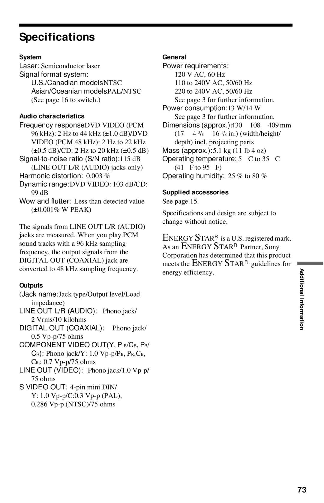 Sony DVP-NC615 operating instructions Specifications 