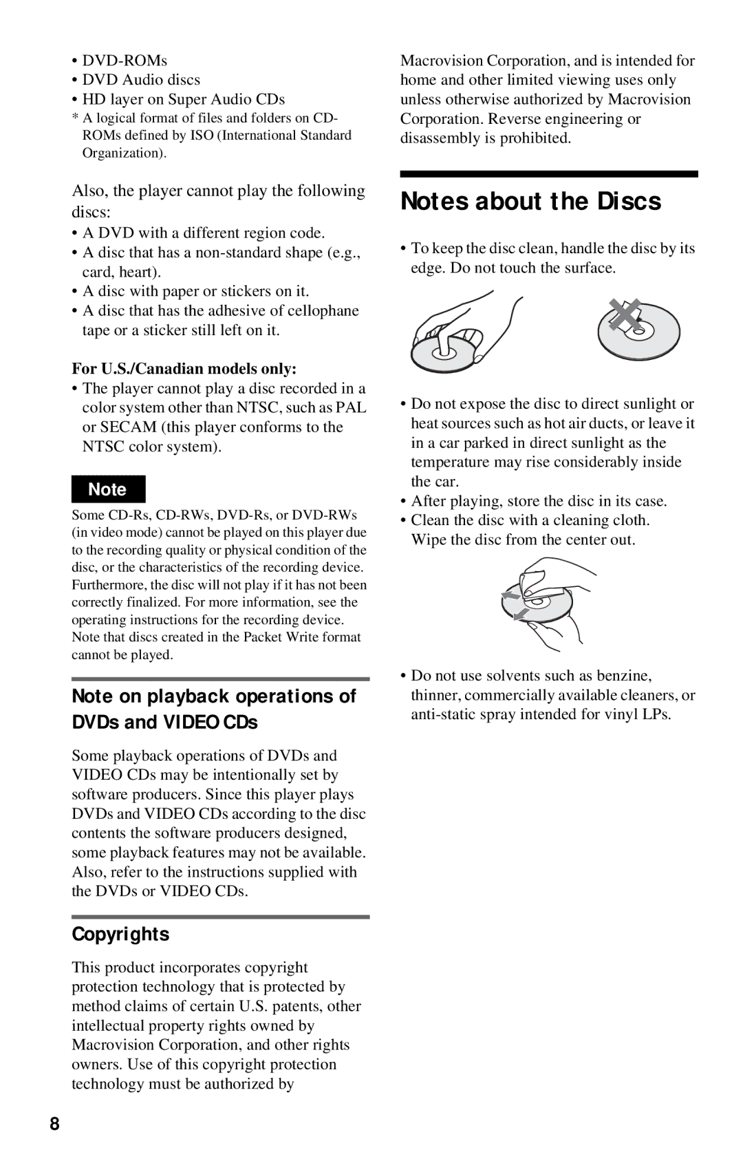 Sony DVP-NC615 operating instructions Copyrights, DVD-ROMs, Corporation. Reverse engineering or, Disassembly is prohibited 