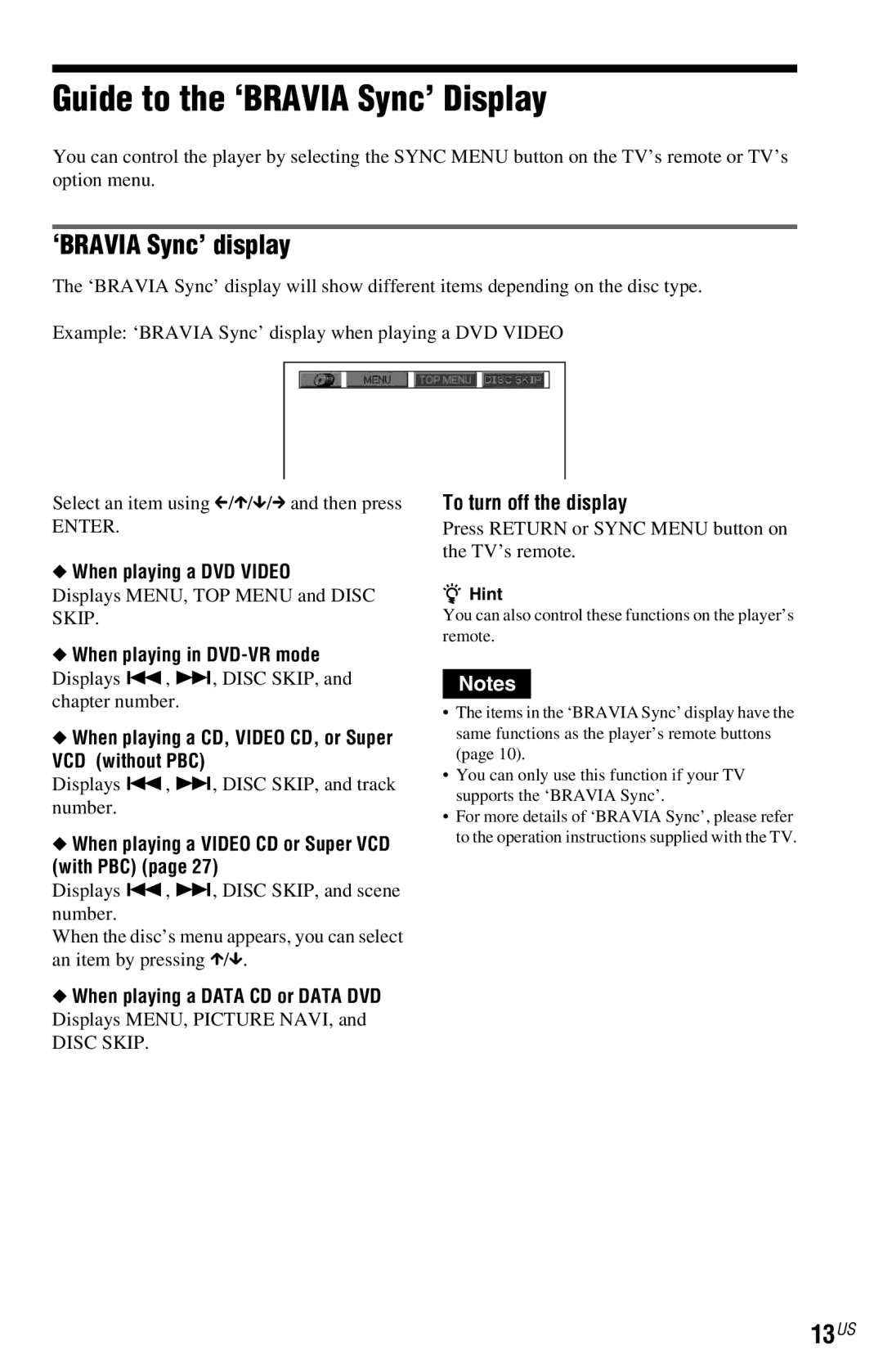 Sony DVP-NC800H operating instructions Guide to the ‘BRAVIA Sync’ Display, ‘BRAVIA Sync’ display, 13US 