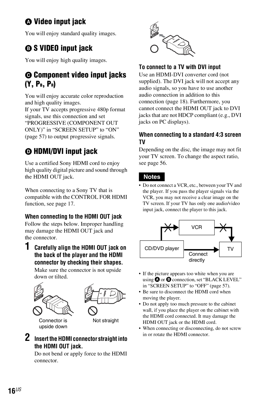 Sony DVP-NC800H operating instructions Video input jack, Component video input jacks Y, PB, PR, HDMI/DVI input jack, 16US 