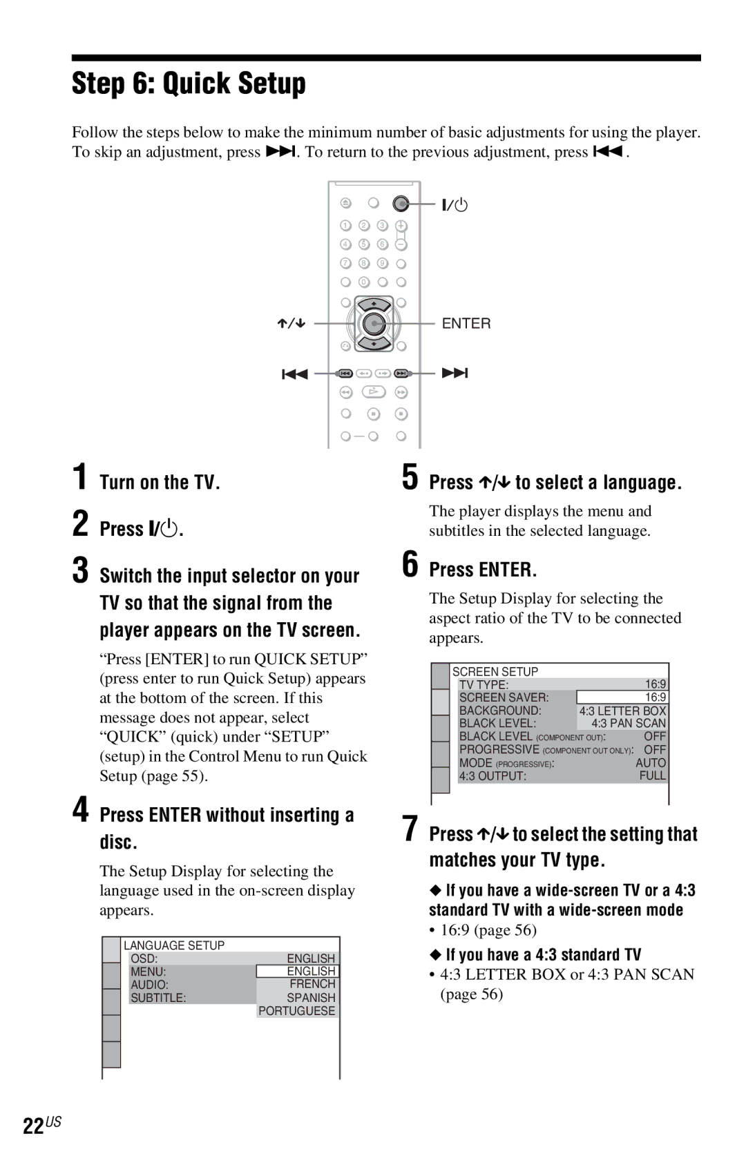 Sony DVP-NC800H operating instructions Quick Setup, 22US 