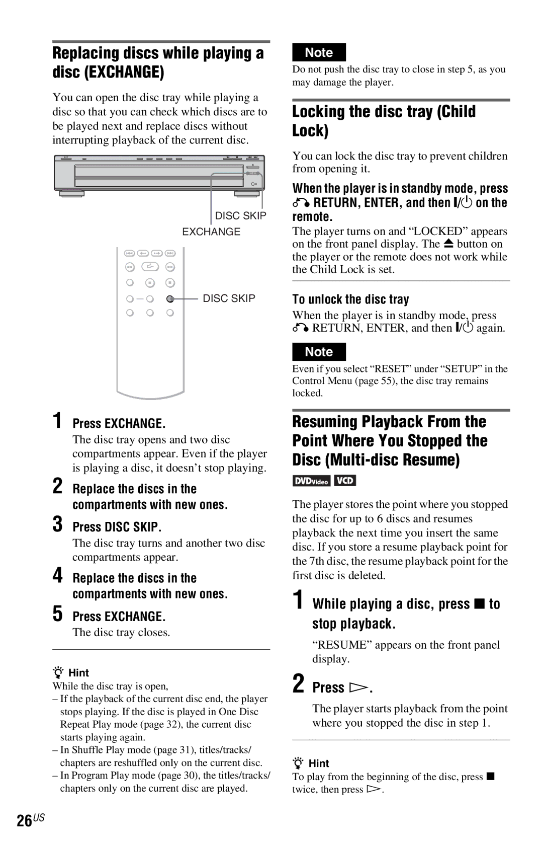 Sony DVP-NC800H operating instructions Replacing discs while playing a disc Exchange, Locking the disc tray Child Lock 