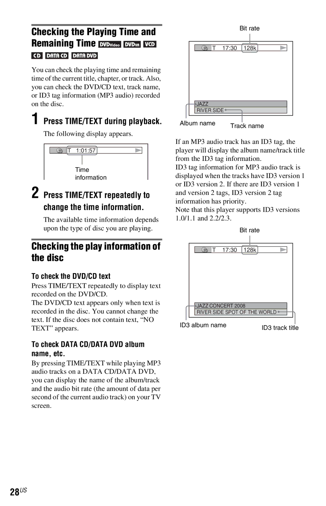 Sony DVP-NC800H Checking the play information of the disc, 28US, Checking the Playing Time and Remaining Time 