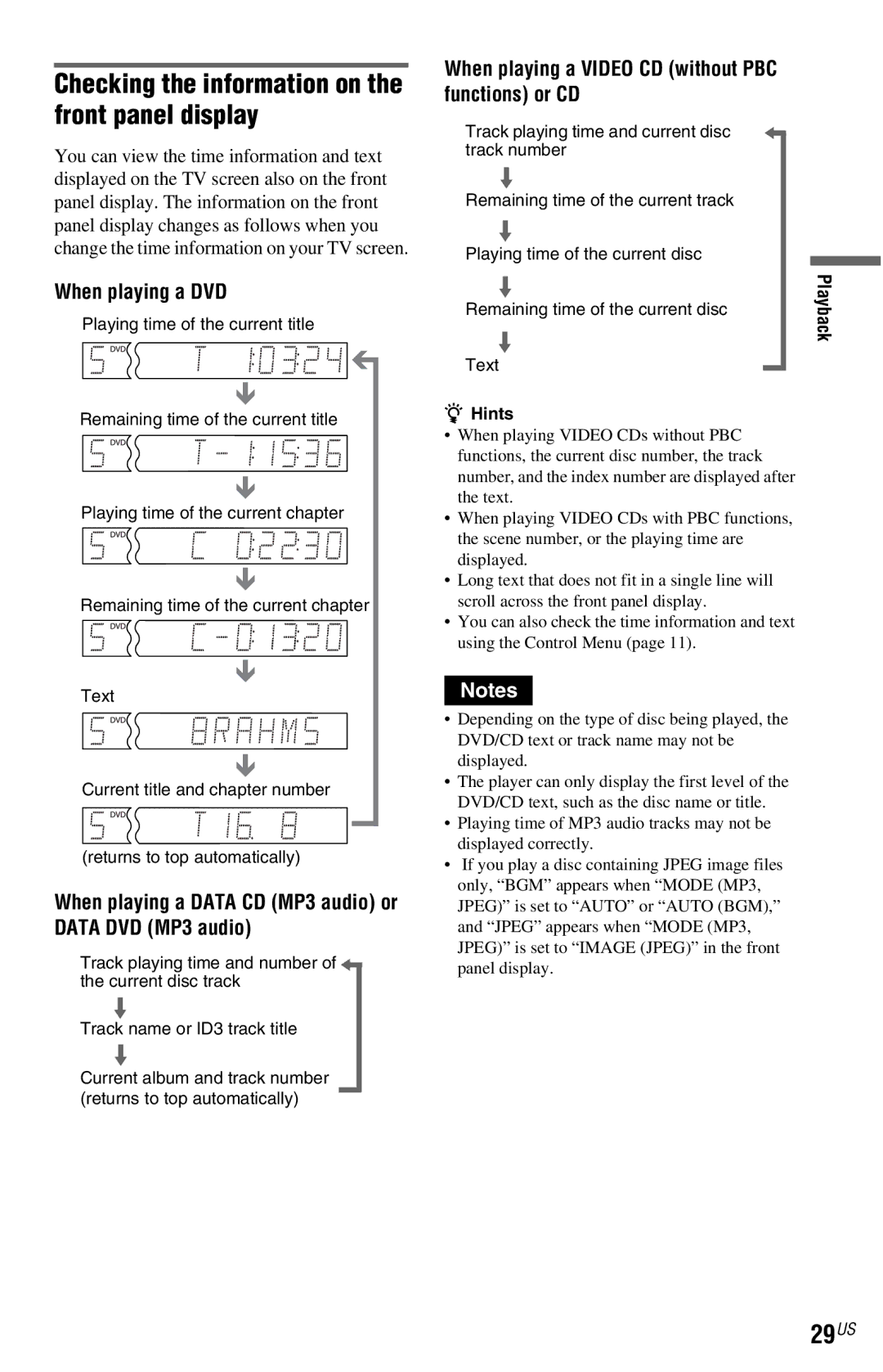 Sony DVP-NC800H operating instructions Checking the information on the front panel display, 29US, When playing a DVD 