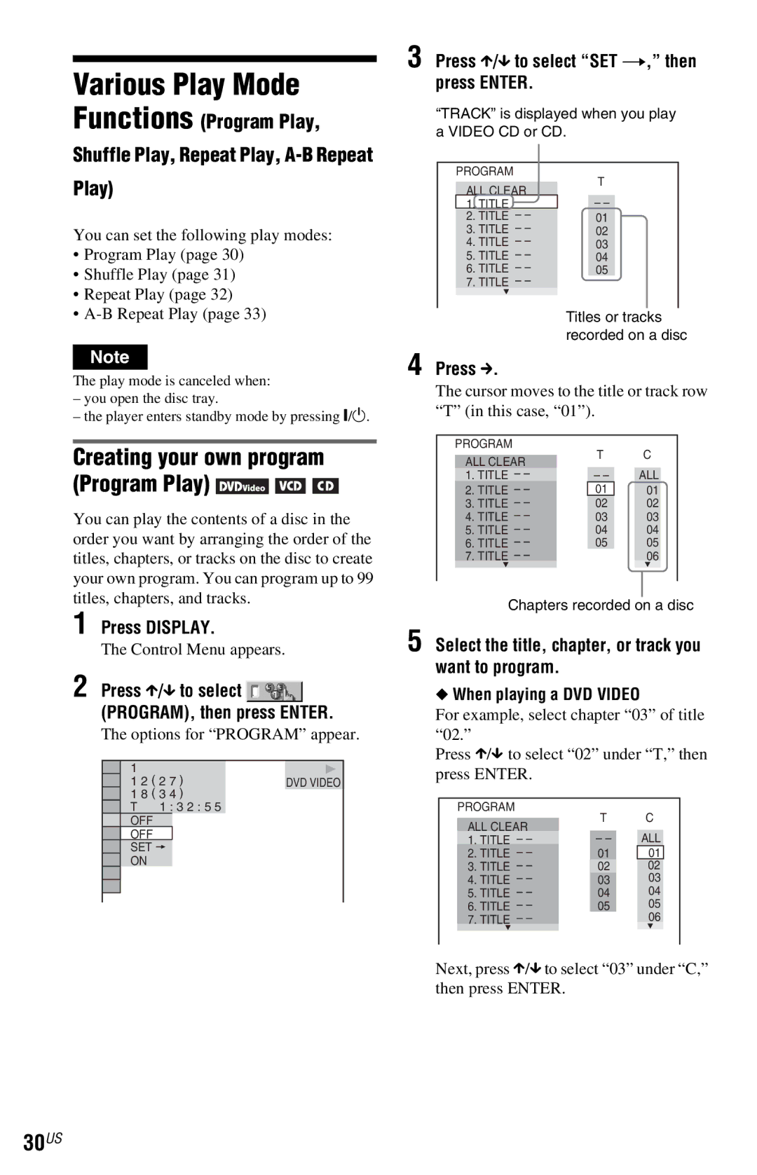 Sony DVP-NC800H Various Play Mode, 30US, Functions Program Play, Creating your own program Program Play 