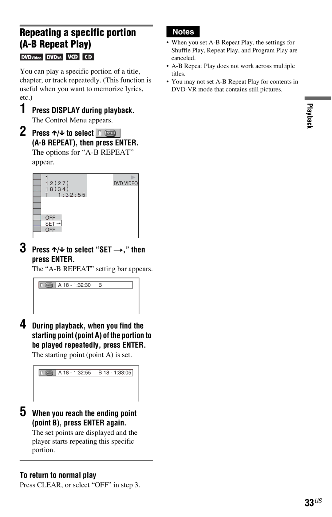 Sony DVP-NC800H Repeating a specific portion A-B Repeat Play, 33US, Press X/x to select REPEAT, then press Enter 