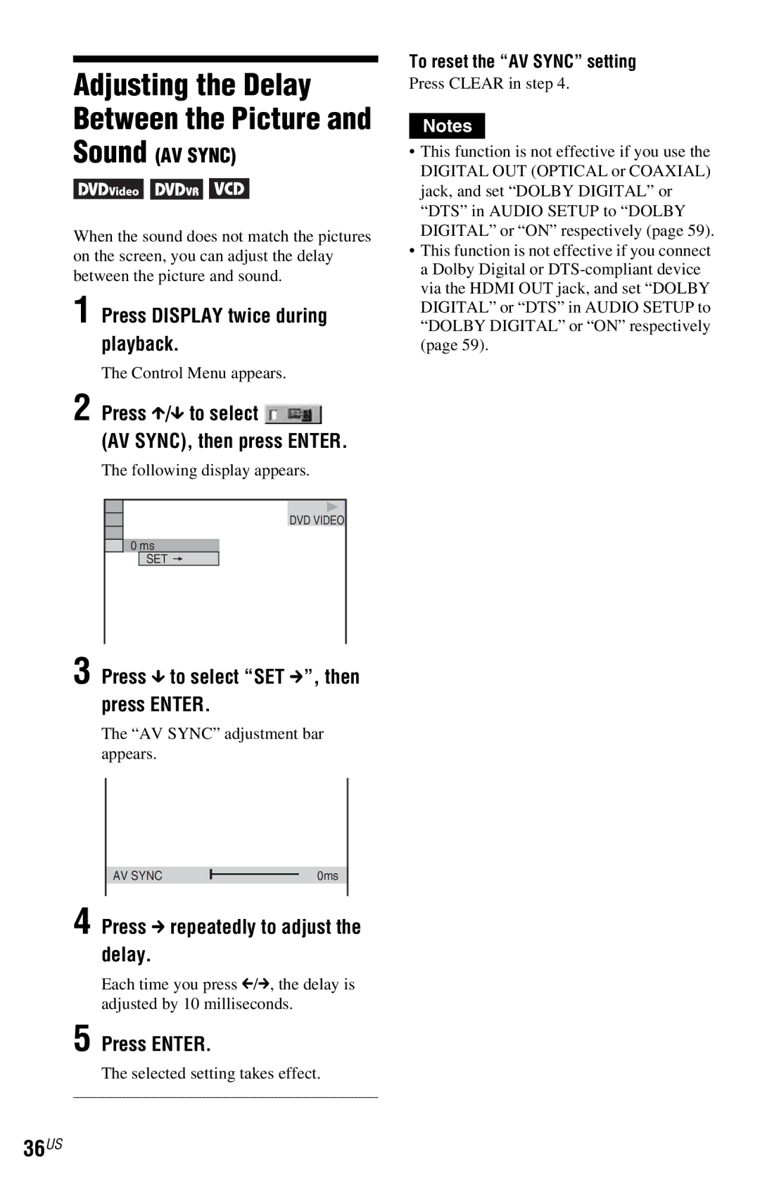 Sony DVP-NC800H 36US, Sound AV Sync, Press x to select SET c, then press Enter, Press c repeatedly to adjust the delay 