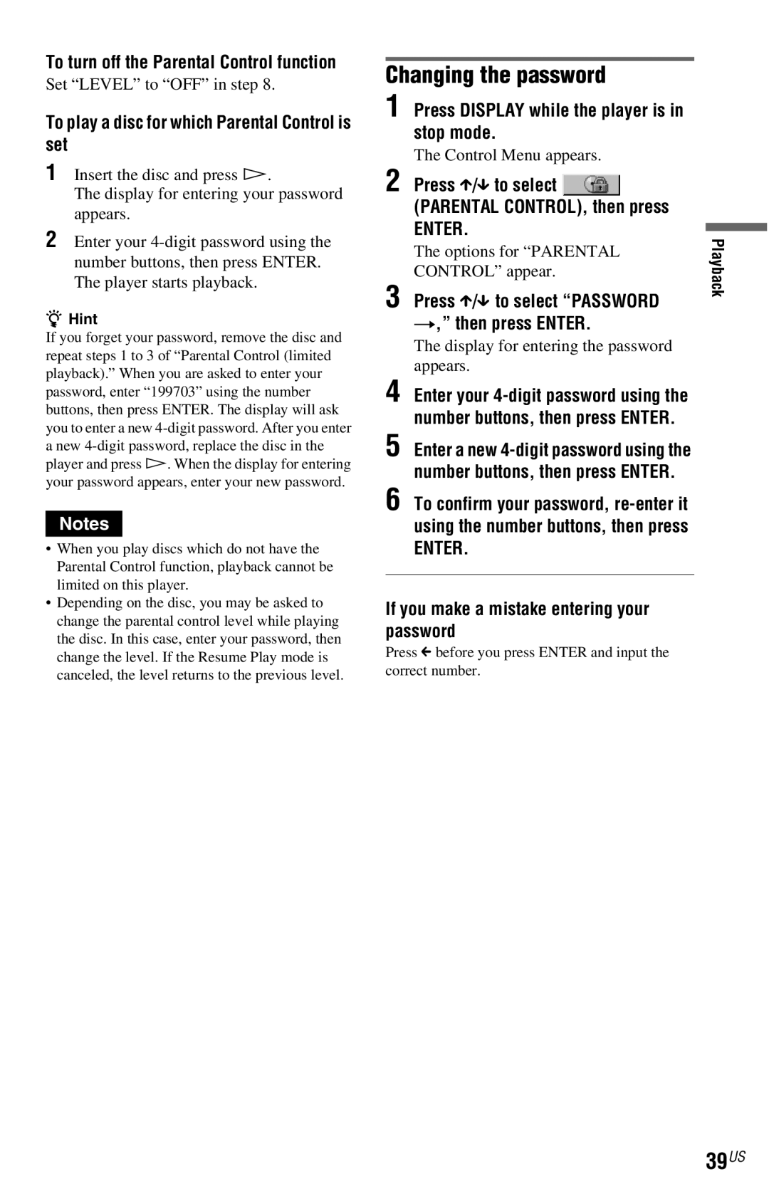 Sony DVP-NC800H operating instructions Changing the password, 39US, To turn off the Parental Control function 