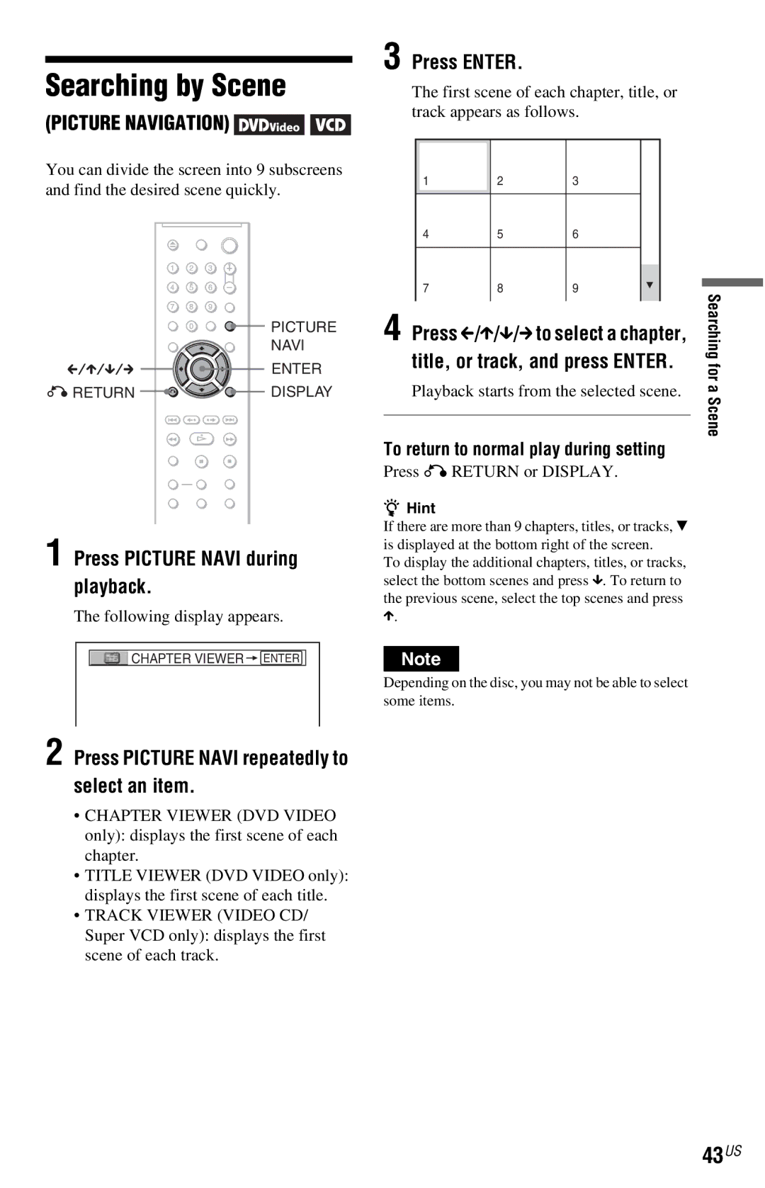 Sony DVP-NC800H operating instructions Searching by Scene, 43US, Press Picture Navi during playback, Picture Navigation 