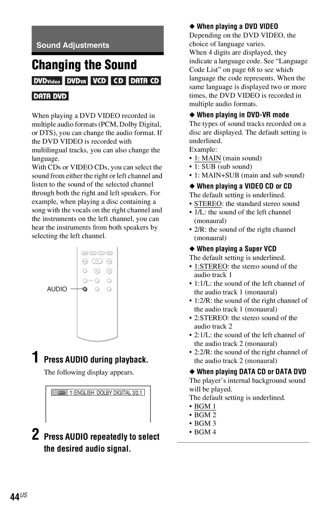 Sony DVP-NC800H operating instructions Changing the Sound, 44US, Press Audio during playback 