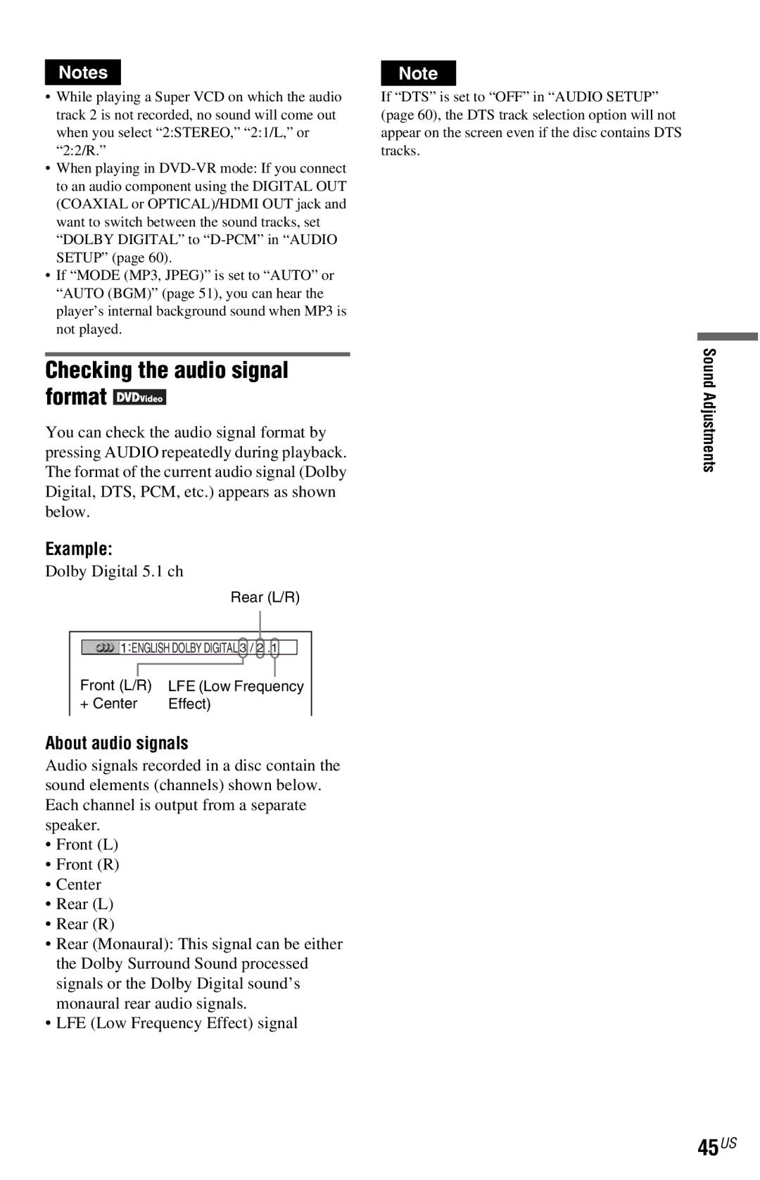 Sony DVP-NC800H Checking the audio signal format, 45US, Example, About audio signals, Sound Adjustments 