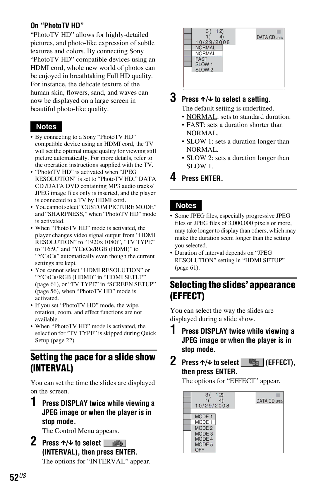 Sony DVP-NC800H Setting the pace for a slide show Interval, Selecting the slides’ appearance Effect, 52US, On PhotoTV HD 