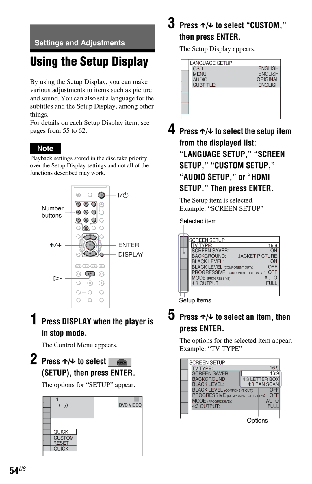 Sony DVP-NC800H Using the Setup Display, 54US, Press X/x to select the setup item from the displayed list 