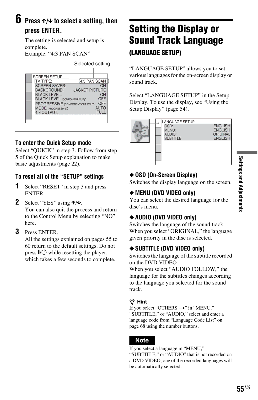 Sony DVP-NC800H operating instructions 55US, Press X/x to select a setting, then press Enter 