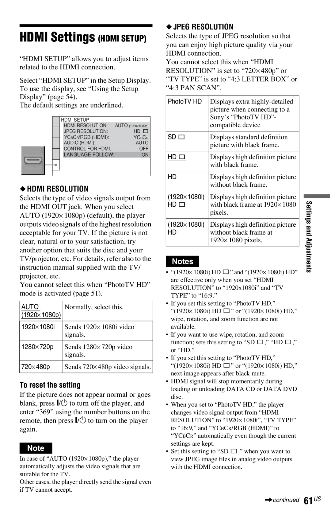 Sony DVP-NC800H operating instructions Hdmi Resolution, Jpeg Resolution 