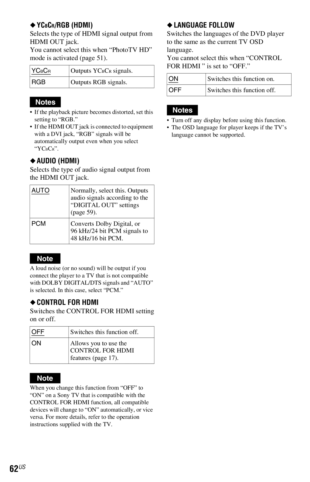 Sony DVP-NC800H operating instructions 62US, YCBCR/RGB Hdmi, Audio Hdmi, Control for Hdmi, Language Follow 