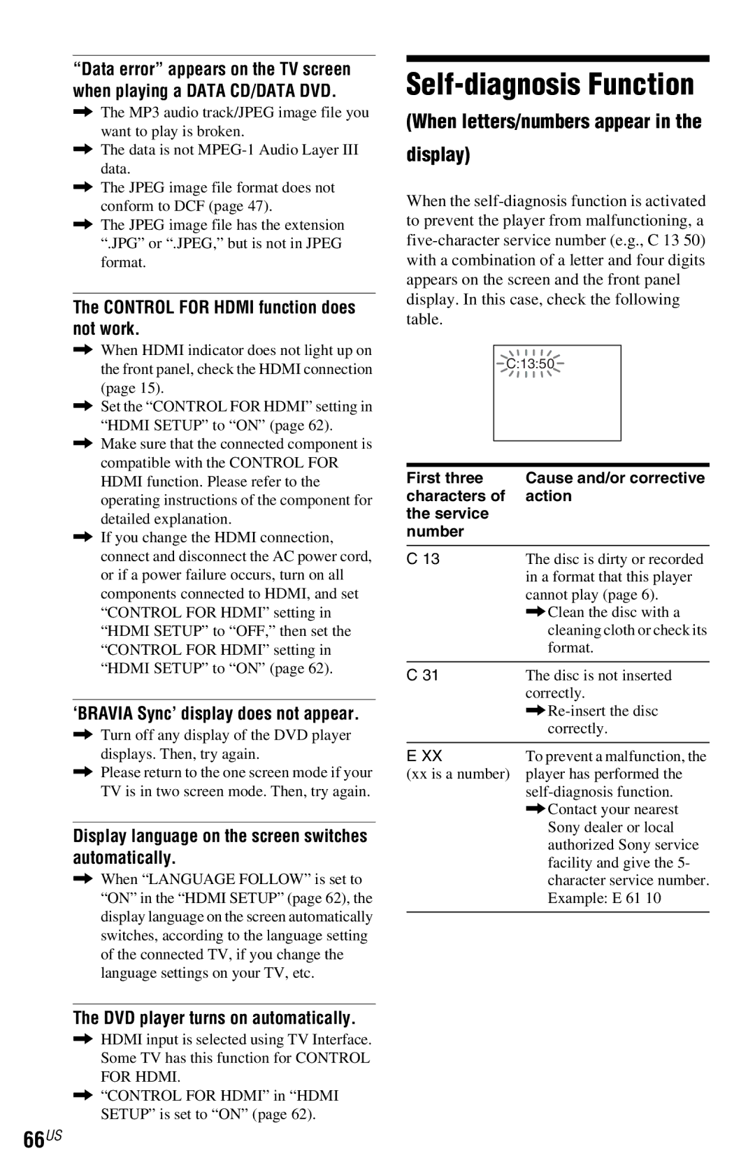 Sony DVP-NC800H operating instructions Self-diagnosis Function, 66US, When letters/numbers appear Display 